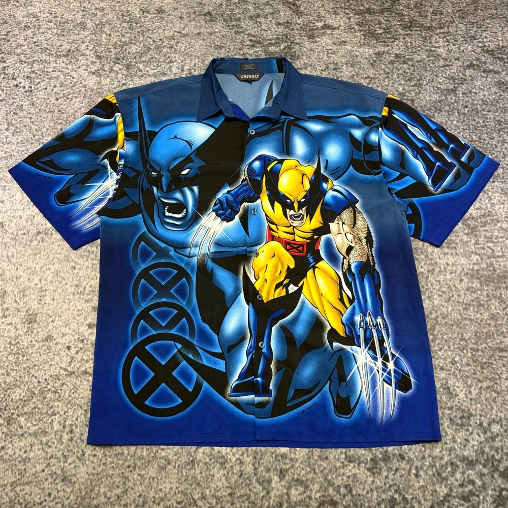 Vintage Wolverine X-Men Shirt Button Down AOP Mens 3XL Blue Changes Y2K 2001